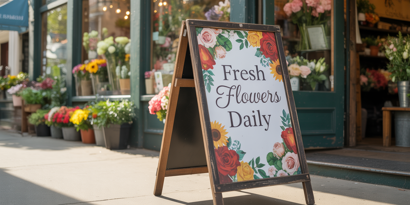 Wooden A-frame sidewalk sign with handwritten chalk message for business advertising